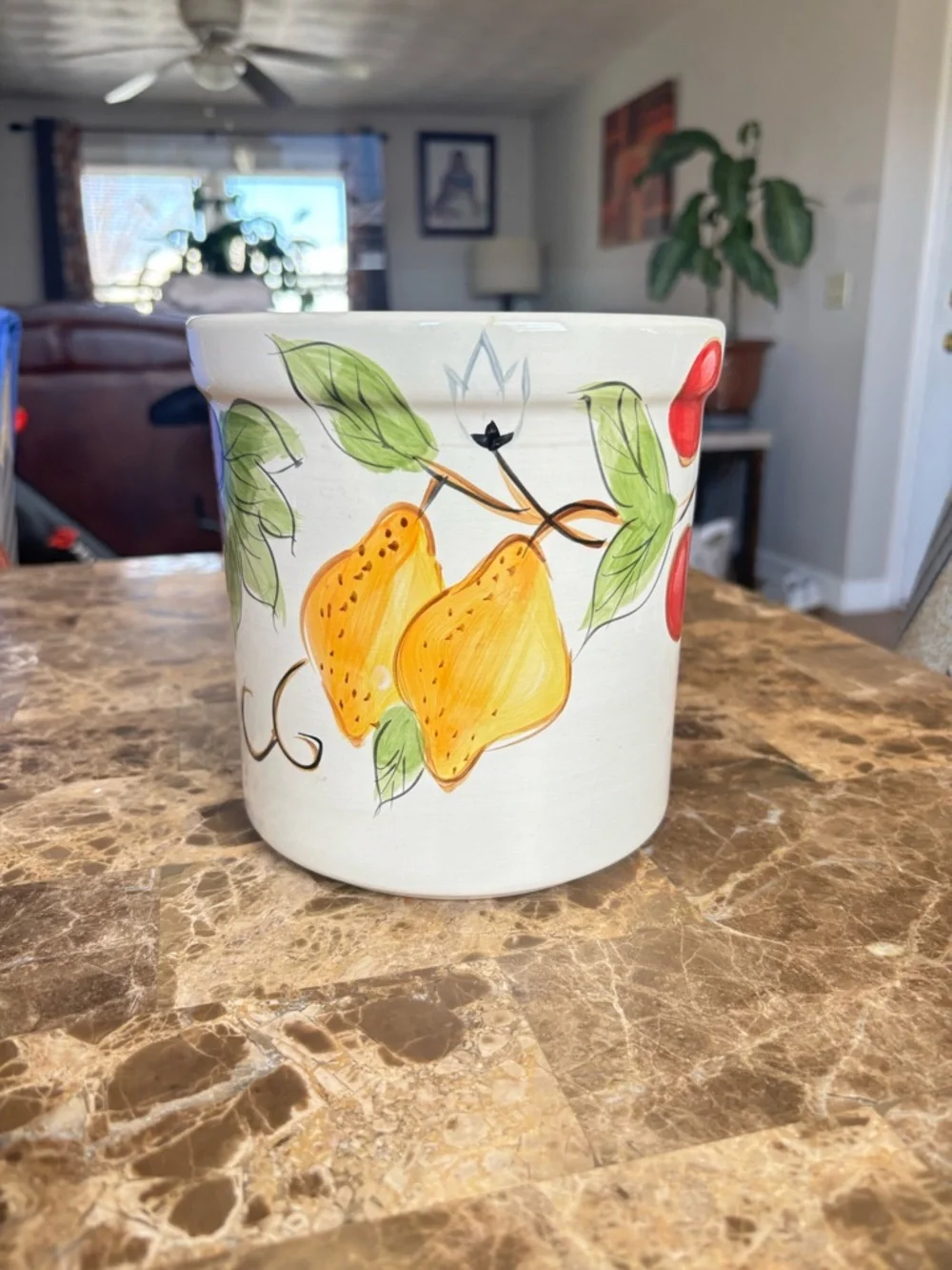EUC-Home Collection Cream Ceramic Container with Fruit Artwork